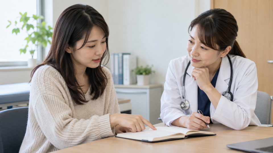 症状の記録を医療者に見せながら相談する女性のAI生成イメージ