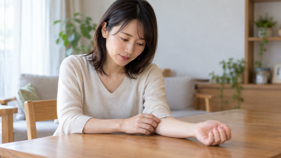 自宅で前腕の様子を見ている女性のAI生成イメージ