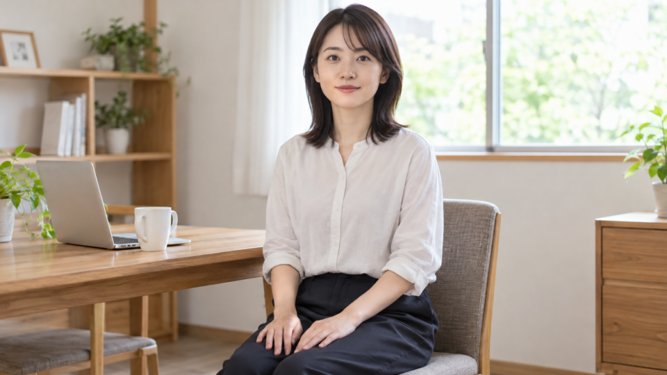 机の前で手を膝に置き、自然な首の姿勢で休む女性