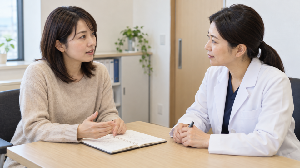 症状を書いたノートを見ながら相談する女性と医療者