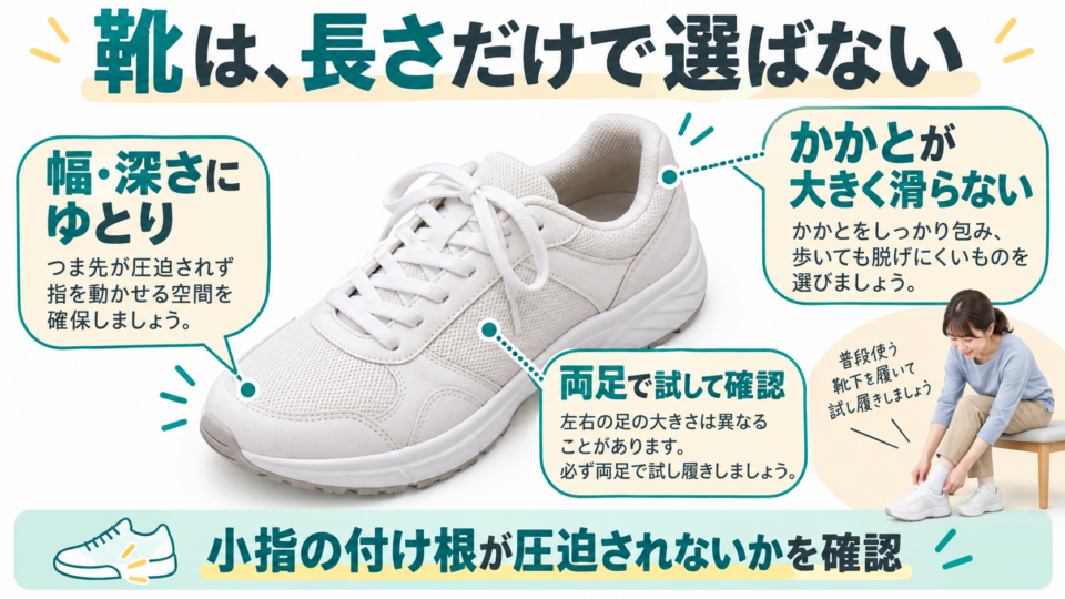 足の幅・深さ・かかとの安定を確認する靴選びの図