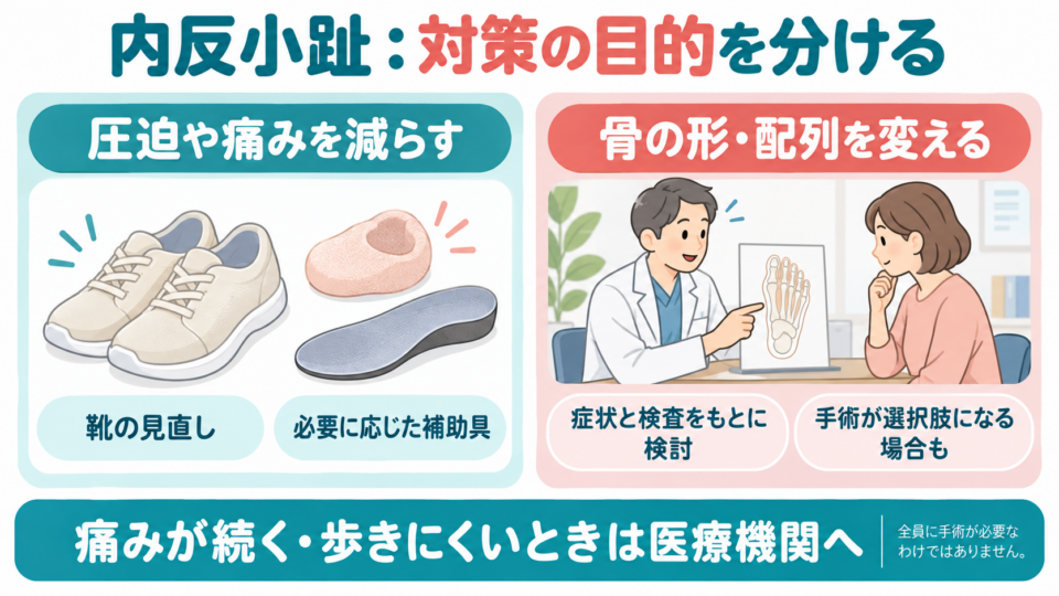圧迫や痛みを減らす対策と、骨の形・配列を変える治療の目的を区別した図