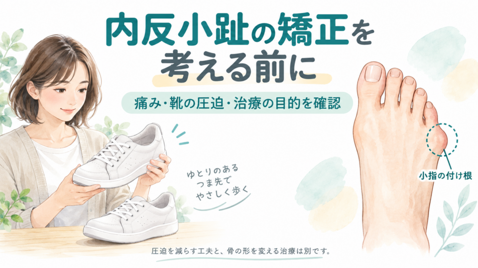 小指の付け根の出っ張りと、靴の圧迫・治療の目的を確認する図