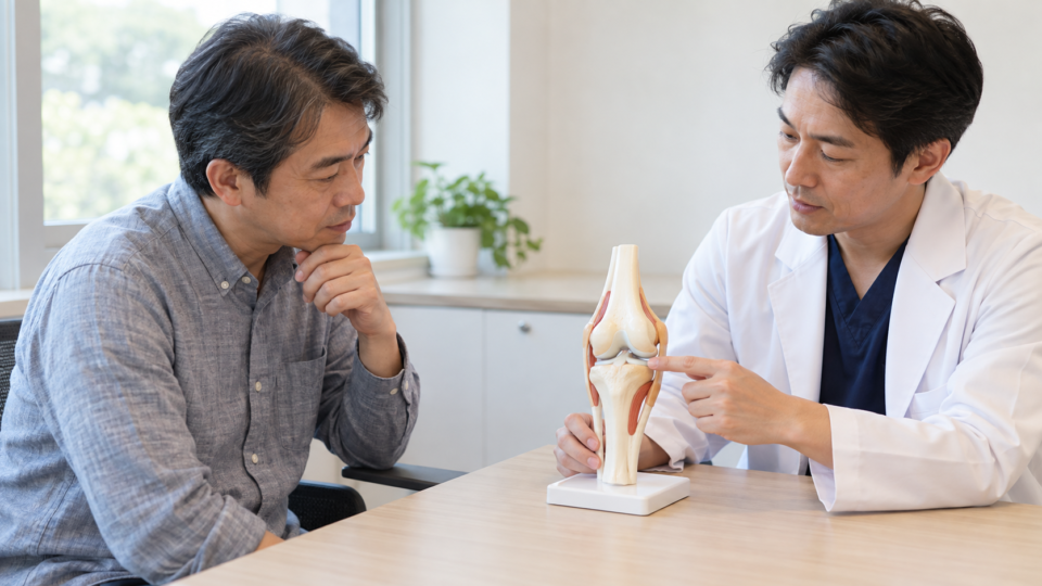 関節の模型を使って説明を聞く相談場面