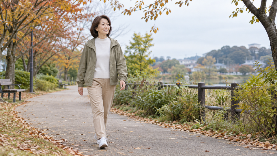 無理のない速さで平坦な道を歩く女性