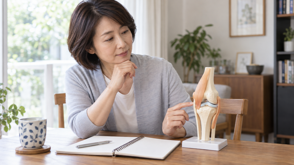膝の模型とノートを前に関節の説明を確認する女性