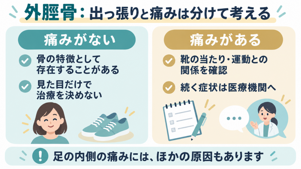 外脛骨の出っ張りがあることと、痛みがあることを分けて考える図
