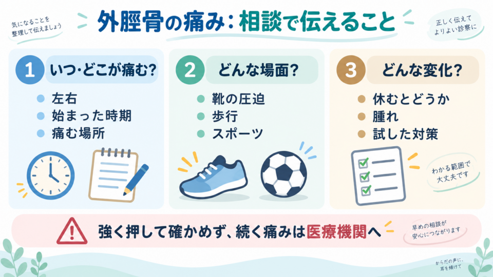 外脛骨の相談時に、痛む時期・場面・変化を伝えるためのチェック図