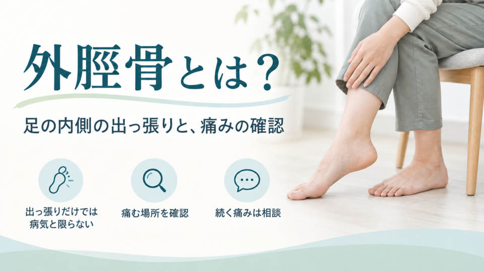 椅子に座って足の状態を確認するイメージと、外脛骨の基本を示す画像