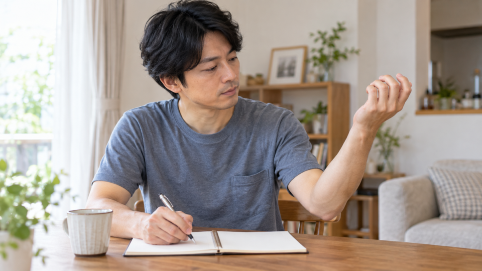 腕の気になる点をメモする男性のAI生成イメージ