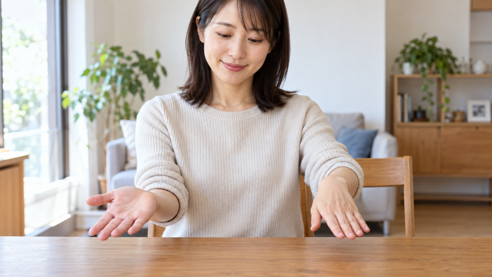 手のひらの向きを無理なく確認する女性のAI生成イメージ