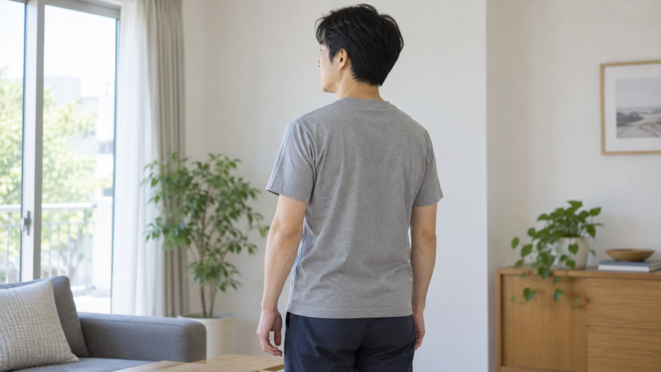 腕を自然に下ろした男性の肩を後ろ側から見たイメージ