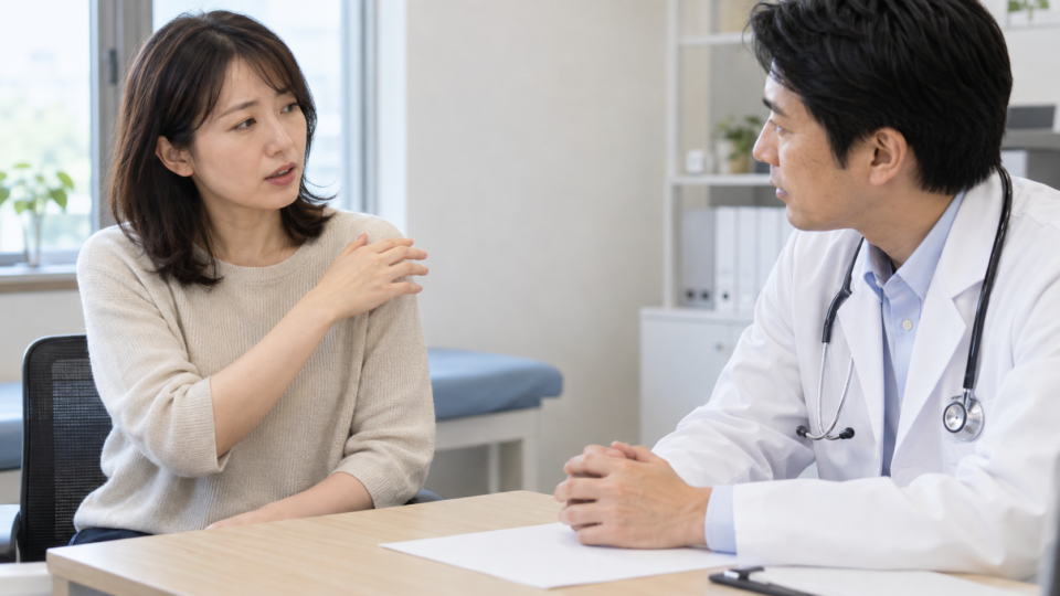 肩の気になる場所について医療者と話す女性のイメージ