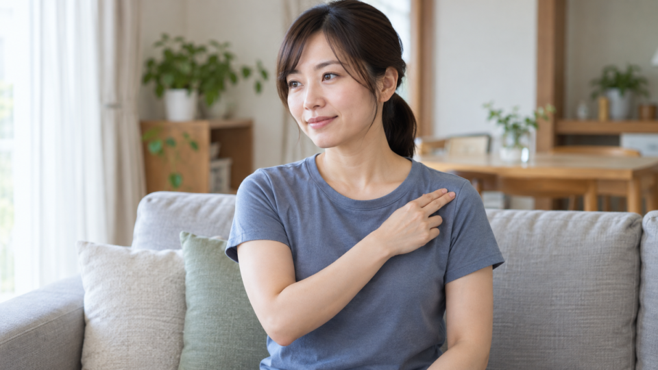 肩の前側を軽く指し示す女性のイメージ