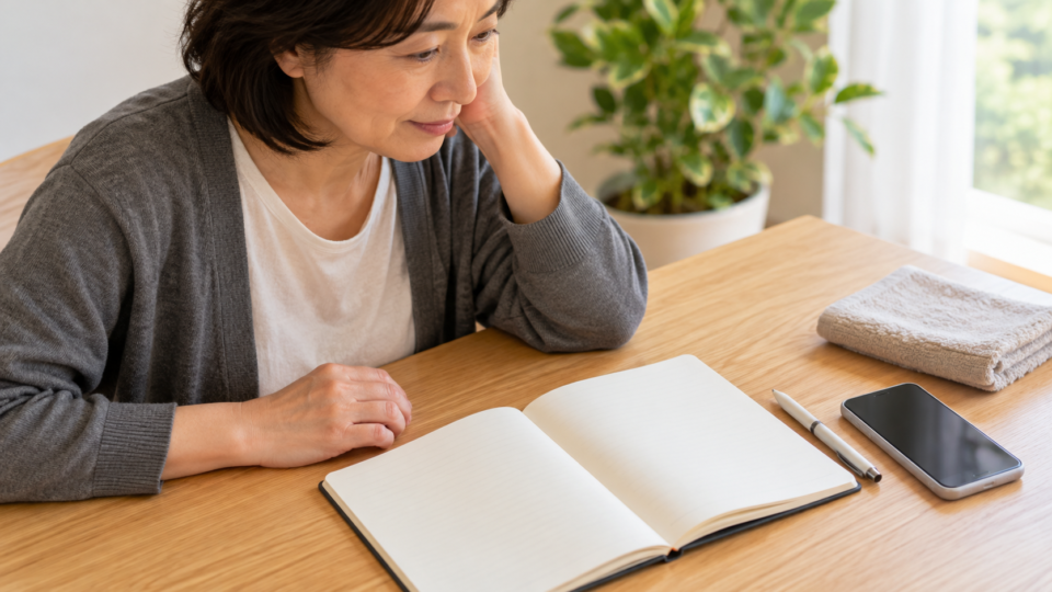 症状を整理するためのノートとスマートフォンを前にした女性の説明用AI生成画像