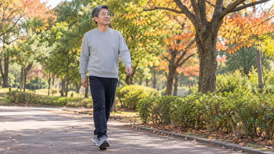 平らな公園の道をゆっくり歩く男性の説明用AI生成画像