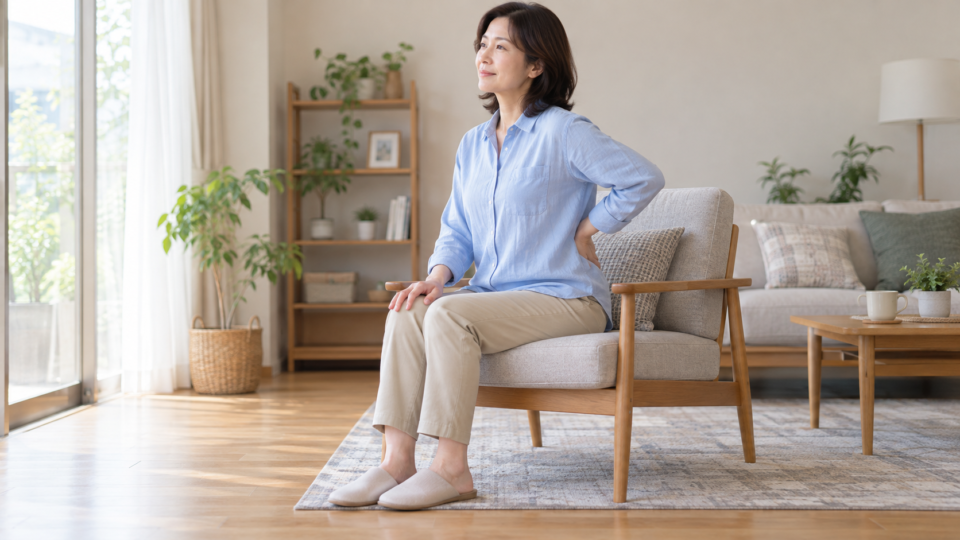 椅子に座り腰に軽く手を添える女性の説明用AI生成画像