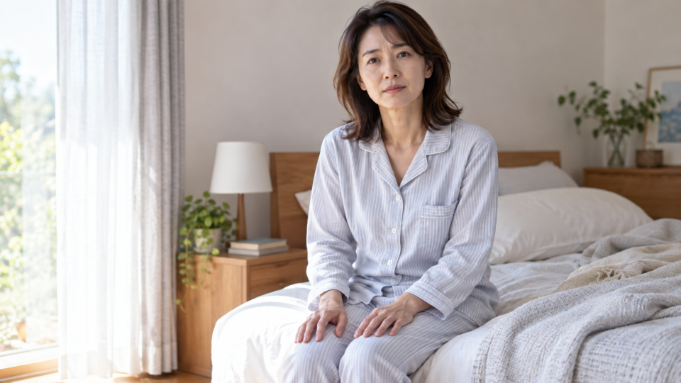 朝、首を無理に動かさずベッドに腰かける女性