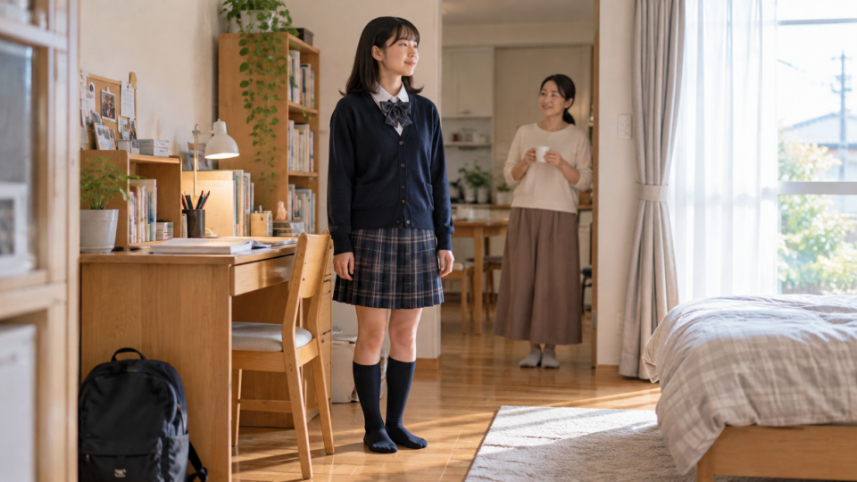 学習机のそばで立つ中学生のイメージ