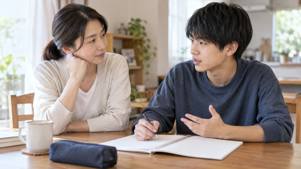 保護者とノートを見ながら相談する中学生のイメージ