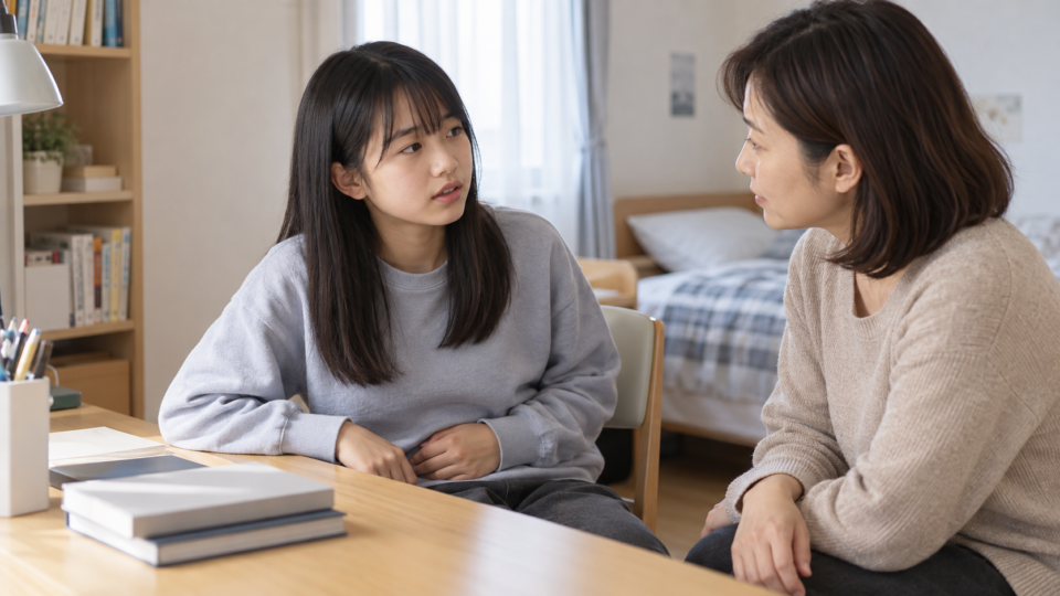 自宅で保護者と話す中学生の説明用AI生成画像