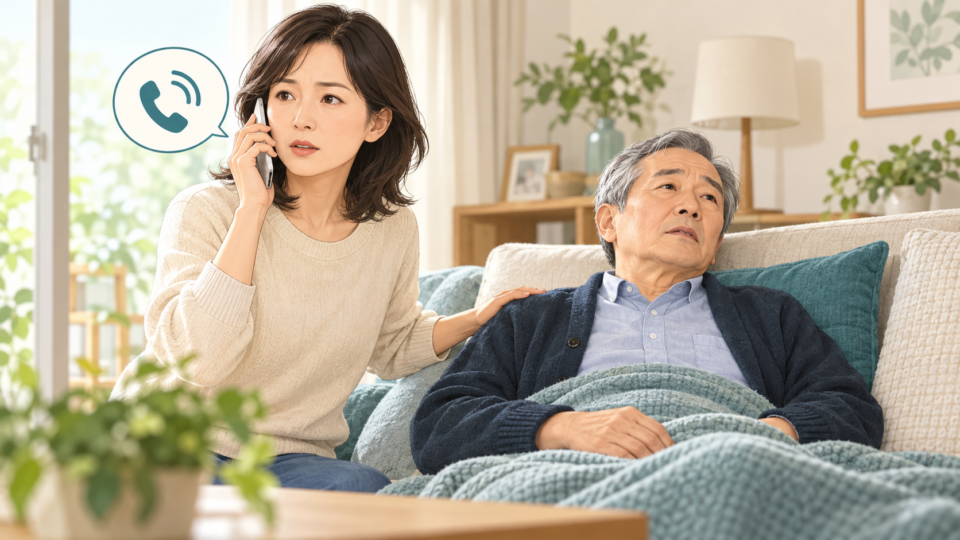 体調の悪い家族に付き添い、電話で助けを求める人
