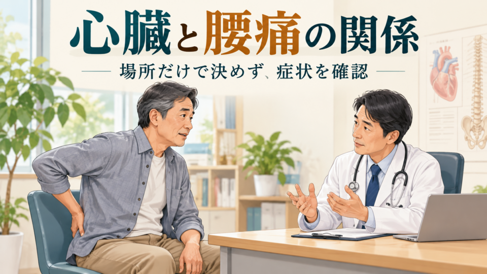 腰の痛みについて医師へ相談する男性の説明用イラスト