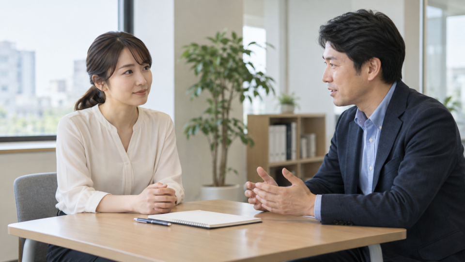 業務の調整について落ち着いて話し合う二人の説明用AI生成画像