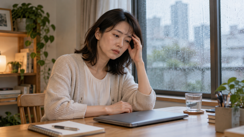 雨の日に仕事を中断して休む女性の説明用AI生成画像