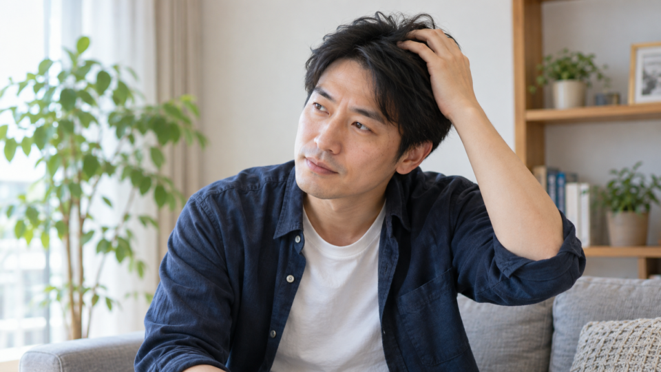 頭の表面に指を軽く添える男性
