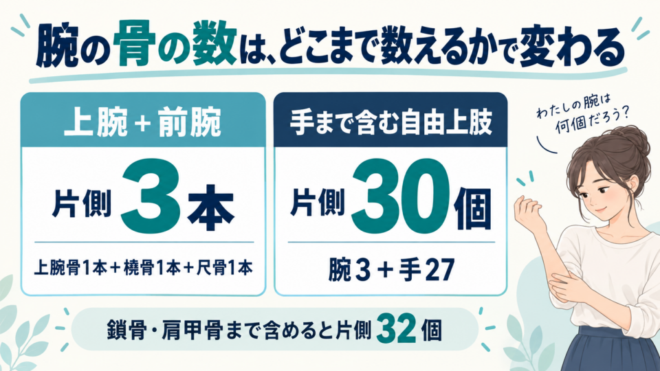 腕の骨は上腕と前腕で片側3本、手まで含む自由上肢は30個と示す図