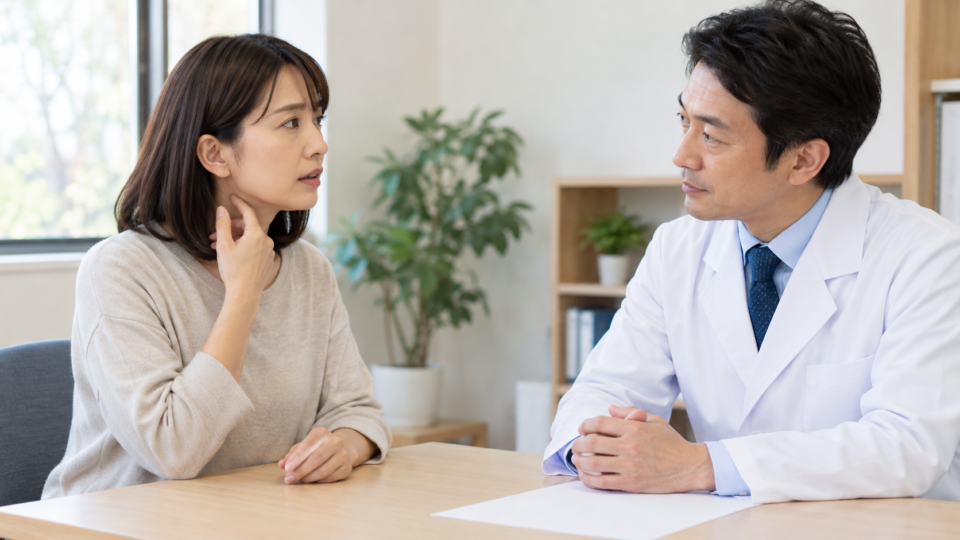 気になる体の変化について医師役の人物に相談する女性の説明用AI生成画像