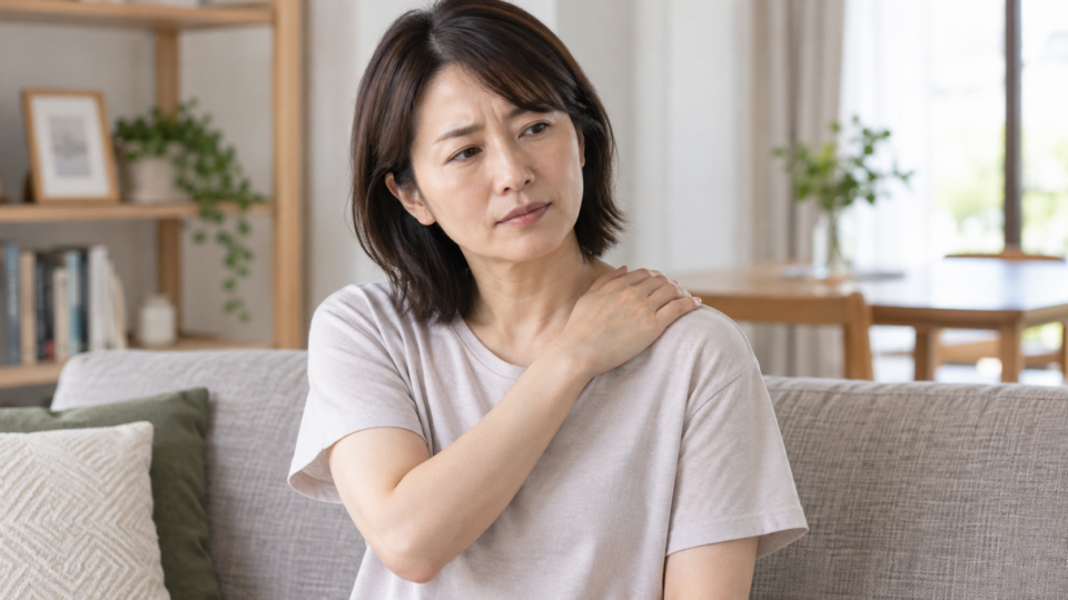 肩に軽く手を添えて様子を気にする女性の説明用AI生成画像