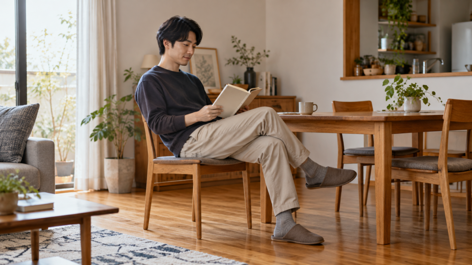 椅子で読書する日常の座位のAI生成イメージ