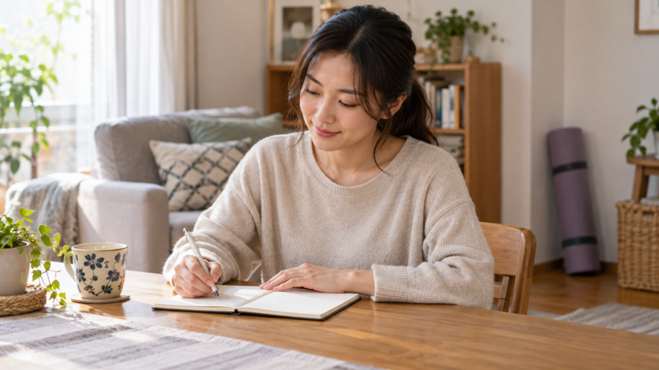 座りにくさや症状をメモする女性のAI生成イメージ