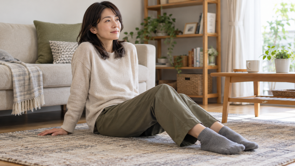 膝を緩めて床に座る女性のAI生成イメージ