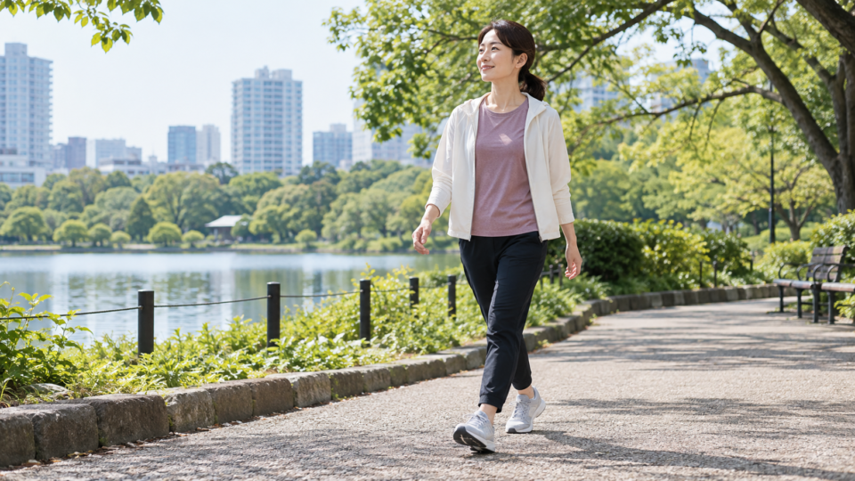平らな道を無理のない速さで歩く人