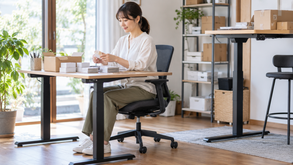 立ち仕事の合間に座って作業する女性のAI生成イメージ