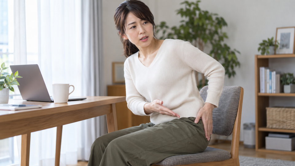 腰から股関節周囲の気になる場所を伝える女性のAI生成イメージ。正確な経穴位置の図ではありません