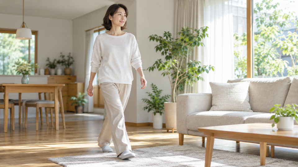 無理のない範囲で室内を歩く女性のAI生成イメージ