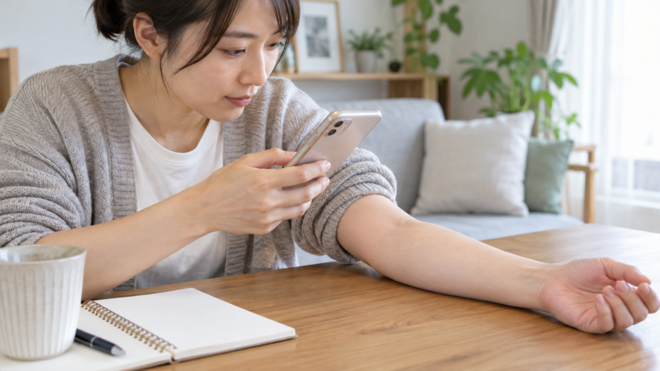 腕の状態をスマートフォンで記録する女性のAI生成イメージ