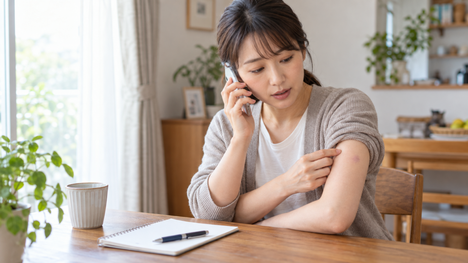 腕の変化について電話で相談する女性のAI生成イメージ
