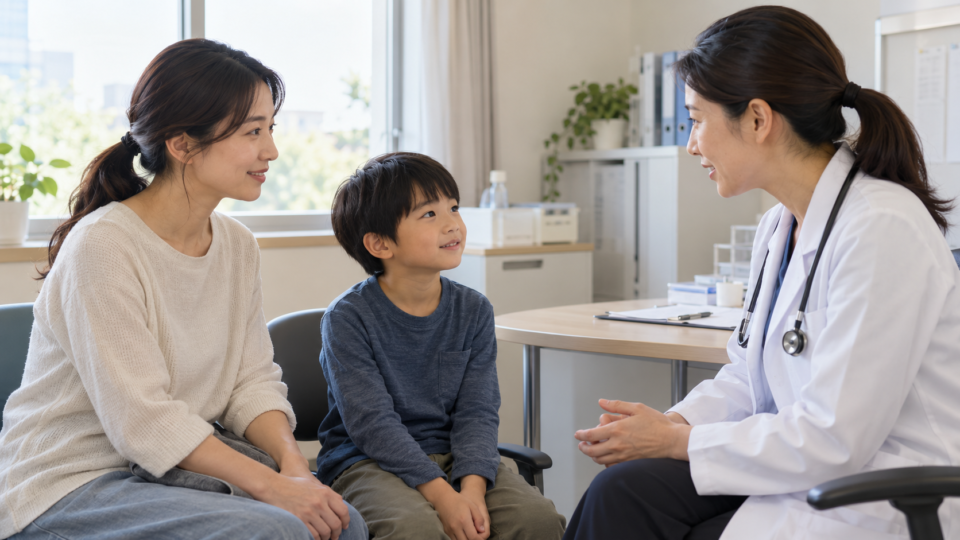 保護者と子どもが医療機関で相談する説明用の場面