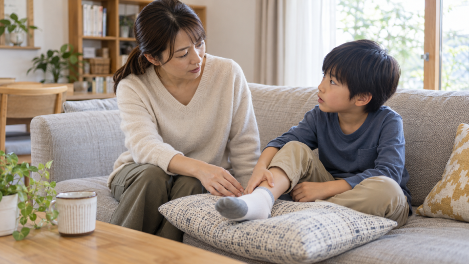 足首をクッションに乗せて保護者と休む子ども