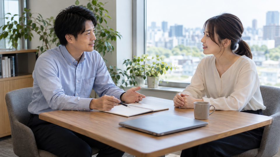 机を挟んで仕事の調整を話し合う二人のAI生成イメージ