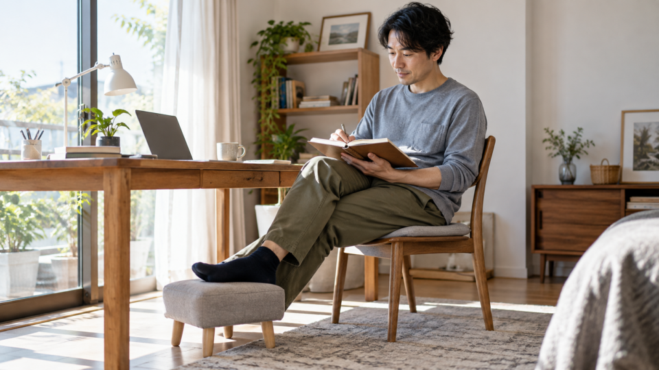 足を台で支えて休み、復帰の予定を考える男性のAI生成イメージ