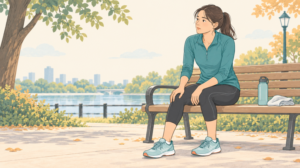 運動を中止してベンチで脚の状態を確認するランナーの説明用イラスト