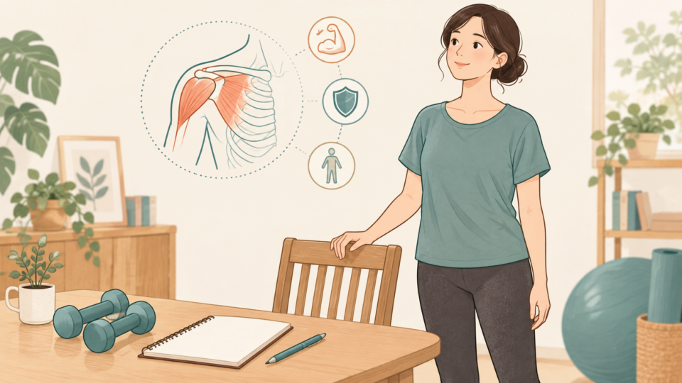 ダンベルを置いて肩の運動前の状態を確認する女性の説明用イラスト