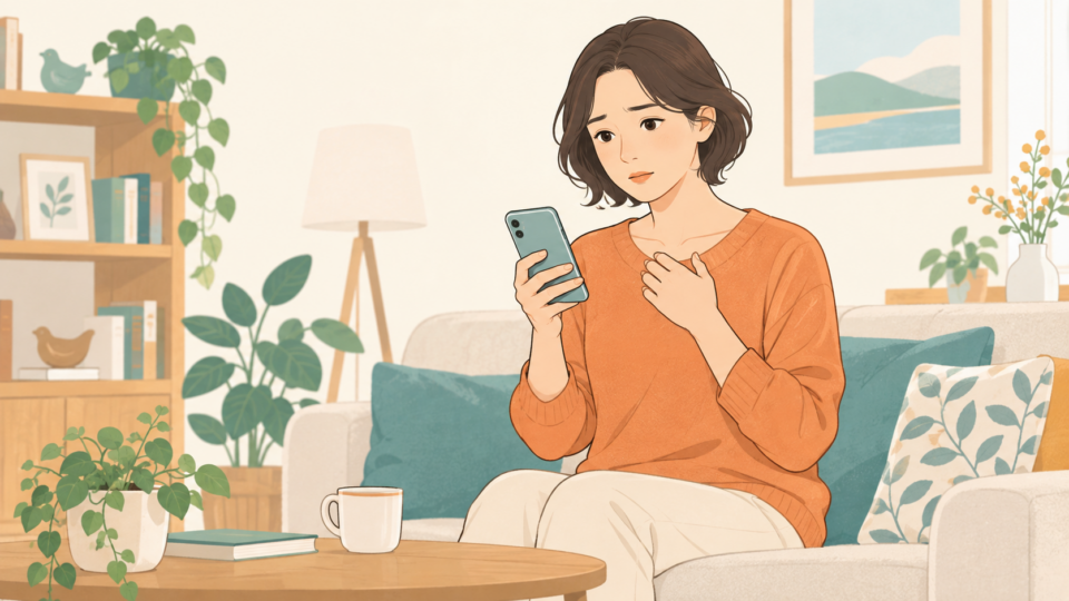 胸の違和感について電話で相談する女性の説明用イラスト