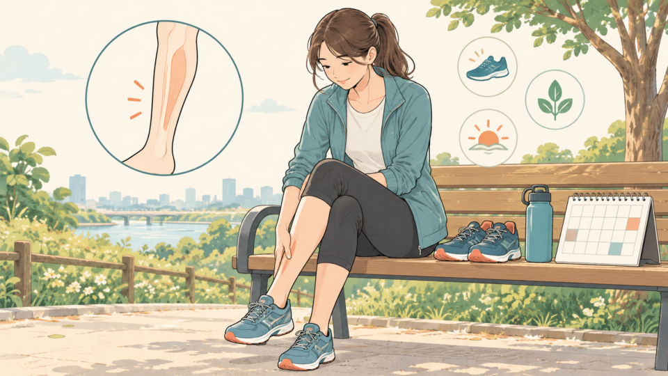 すねを気にして休み、練習予定を見直すランナーの説明用イラスト